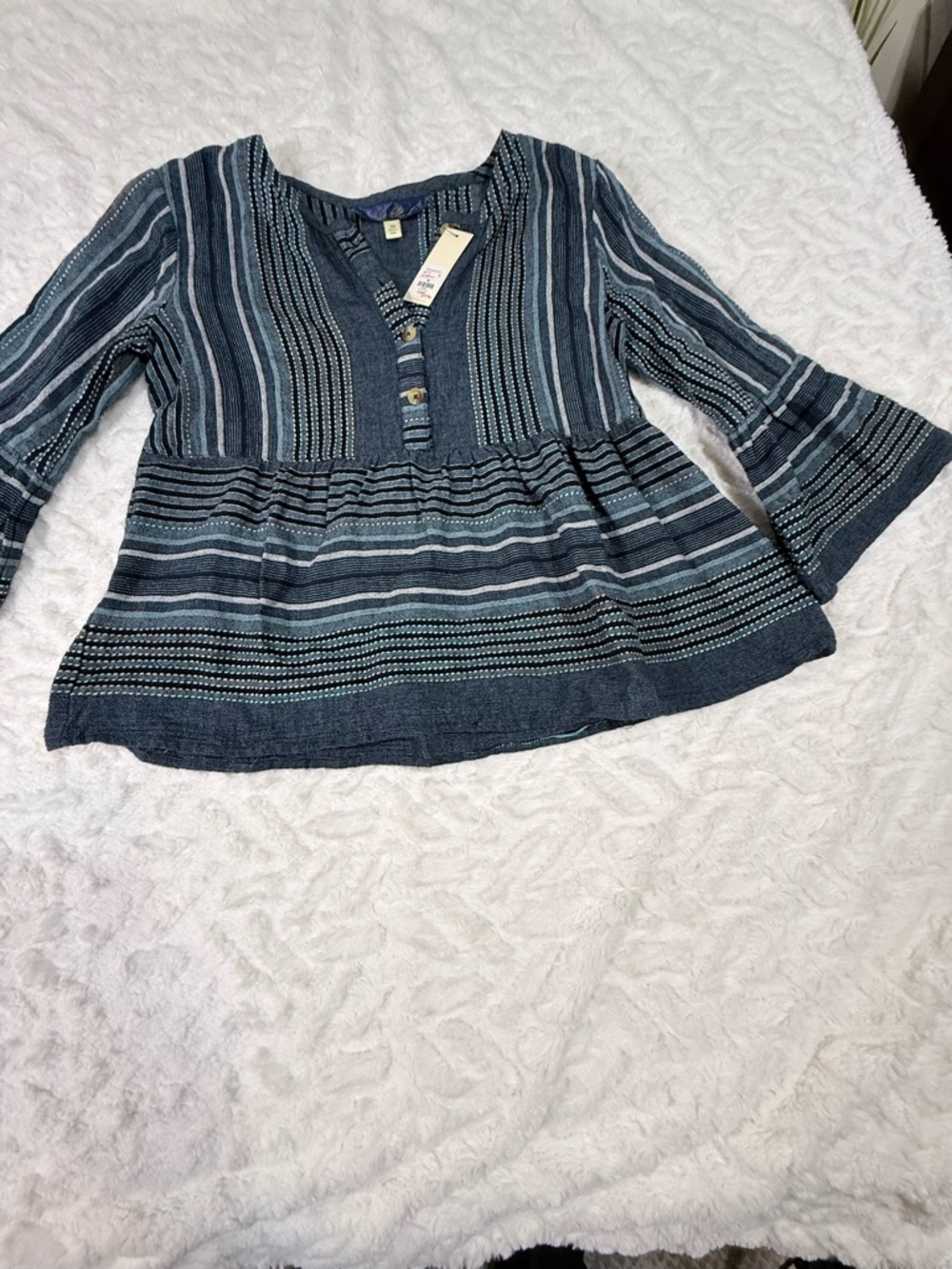 Francesca’s Collection Blue Striped Peasant/Boho top with bell sleeves- NWT